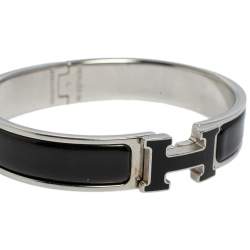 Pre Owned Hermès Clic H Black Enamel Palladium Plated Narrow Bracelet PM