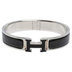 Pre Owned Hermès Clic H Black Enamel Palladium Plated Narrow Bracelet PM