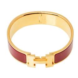 Pre Owned Hermès Clic Clac H Red Enamel Gold Plated Wide Bracelet PM