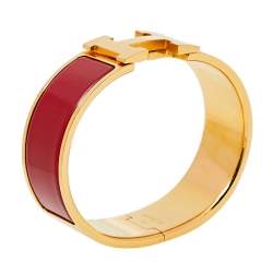Pre Owned Hermès Clic Clac H Red Enamel Gold Plated Wide Bracelet PM