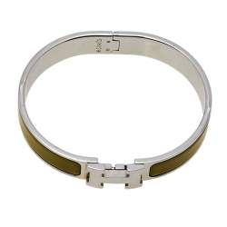 Pre Owned Hermès Clic H Green Enamel Palladium Plated Narrow Bracelet PM