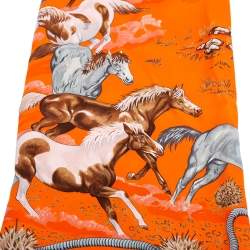 Pre Owned Hermes Orange Les Mustangs Silk Scarf