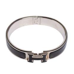 Pre Owned Hermès Clic H Black Enamel Palladium Plated Narrow Bracelet PM 