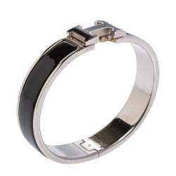 Pre Owned Hermès Clic H Black Enamel Palladium Plated Narrow Bracelet PM 