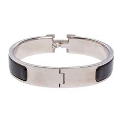Pre Owned Hermès Clic H Black Enamel Palladium Plated Narrow Bracelet PM 