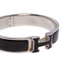 Pre Owned Hermès Clic H Black Enamel Palladium Plated Narrow Bracelet PM 