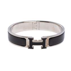 Pre Owned Hermès Clic H Black Enamel Palladium Plated Narrow Bracelet PM 