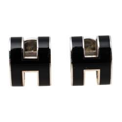Pre Owned Hermès Pop H Black Lacquered Palladium Plated Stud Earrings