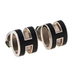Pre Owned Hermès Pop H Black Lacquered Palladium Plated Stud Earrings