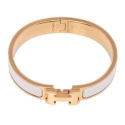 Pre Owned Hermès Clic H White Enamel Gold Plated Narrow Bracelet PM
