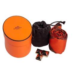 Pre Owned Hermes Orange & Brown Logo Ribbon Bolduc Silk Twilly