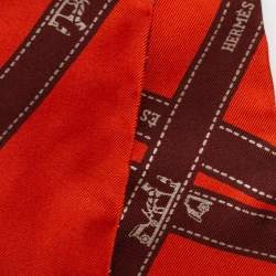 Pre Owned Hermes Orange & Brown Logo Ribbon Bolduc Silk Twilly