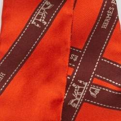 Pre Owned Hermes Orange & Brown Logo Ribbon Bolduc Silk Twilly