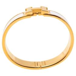 Pre Owned Hermès Clic H White Enamel Gold Plated Narrow Bracelet PM 