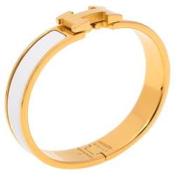 Pre Owned Hermès Clic H White Enamel Gold Plated Narrow Bracelet PM 
