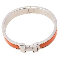 Pre Owned Hermès Clic H Orange Enamel Palladium Plated Narrow Bracelet PM