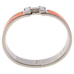 Pre Owned Hermès Clic H Orange Enamel Palladium Plated Narrow Bracelet PM