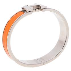 Pre Owned Hermès Clic H Orange Enamel Palladium Plated Narrow Bracelet PM