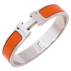 Pre Owned Hermès Clic H Orange Enamel Palladium Plated Narrow Bracelet PM