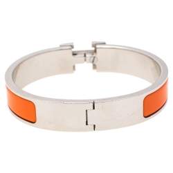 Pre Owned Hermès Clic H Orange Enamel Palladium Plated Narrow Bracelet PM