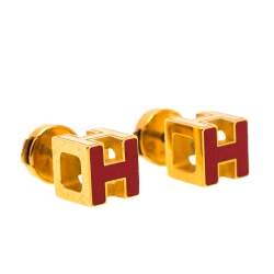 Pre Owned Hermes Cage d'H Red Lacquer Gold Plated Stud Earrings