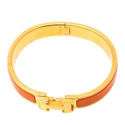 Pre Owned Hermès Clic H Orange Enamel Gold Plated Narrow Bracelet PM