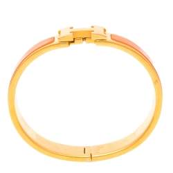 Pre Owned Hermès Clic H Orange Enamel Gold Plated Narrow Bracelet PM