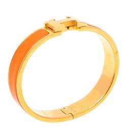 Pre Owned Hermès Clic H Orange Enamel Gold Plated Narrow Bracelet PM