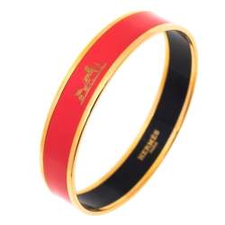 Pre Owned Hermès Caleche Coral Pink Enamel Gold Plated Bracelet