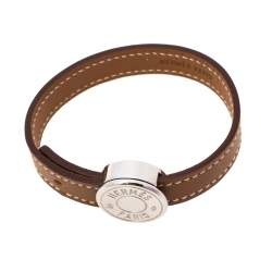 Pre Owned Hermès Brown & Black Interchangeable Leather Palladium Plated Looping Bracelet S