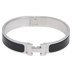 Pre Owned Hermes Clic H Black Enamel Palladium Plated Narrow Bracelet PM