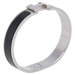 Pre Owned Hermes Clic H Black Enamel Palladium Plated Narrow Bracelet PM