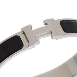 Pre Owned Hermes Clic H Black Enamel Palladium Plated Narrow Bracelet PM