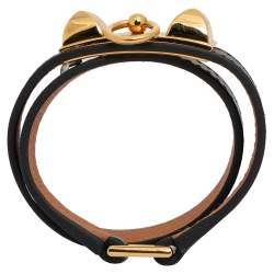 Pre Owned Hermes Black Leather Gold Plated Rivale Double Tour Bracelet XS