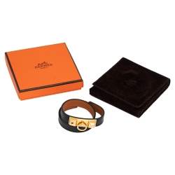 Pre Owned Hermes Black Leather Gold Plated Rivale Double Tour Bracelet XS