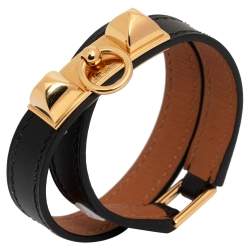 Pre Owned Hermes Black Leather Gold Plated Rivale Double Tour Bracelet XS