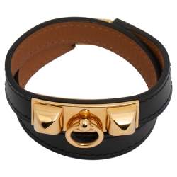 Pre Owned Hermes Black Leather Gold Plated Rivale Double Tour Bracelet XS