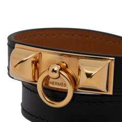 Pre Owned Hermes Black Leather Gold Plated Rivale Double Tour Bracelet XS