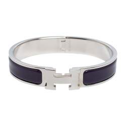 Pre Owned Hermès Clic H Purple Enamel Palladium Plated Narrow Bracelet PM 