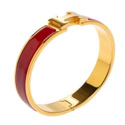 Pre Owned Hermès Clic H Red Enamel Gold Plated Narrow Bracelet PM