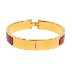 Pre Owned Hermès Clic H Red Enamel Gold Plated Narrow Bracelet PM