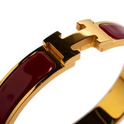 Pre Owned Hermès Clic H Red Enamel Gold Plated Narrow Bracelet PM