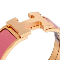Pre Owned Hermès Clic Clac H Rose Velours Enamel Gold Plated Wide Bracelet PM