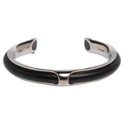 Pre Owned Hermès Black Leather Palladium Plated Kyoto Cuff Bracelet