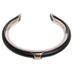 Pre Owned Hermès Black Leather Palladium Plated Kyoto Cuff Bracelet