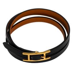 Pre Owned Hermes Hapi 3 Black Leather Gold Plated Wrap Bracelet M