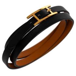 Pre Owned Hermes Hapi 3 Black Leather Gold Plated Wrap Bracelet M