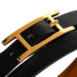 Pre Owned Hermes Hapi 3 Black Leather Gold Plated Wrap Bracelet M