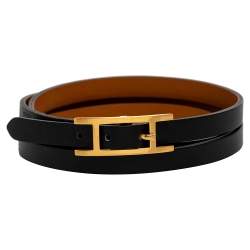 Pre Owned Hermes Hapi 3 Black Leather Gold Plated Wrap Bracelet M
