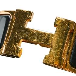 Pre Owned Hermès Clic Clac H Black Enamel Gold Plated Wide Bracelet 